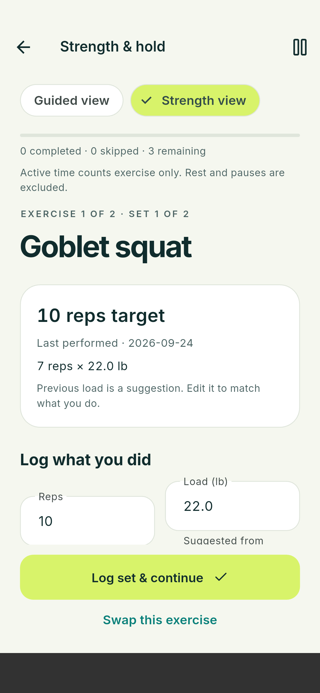 Movetide strength view with reps, load and previous performance